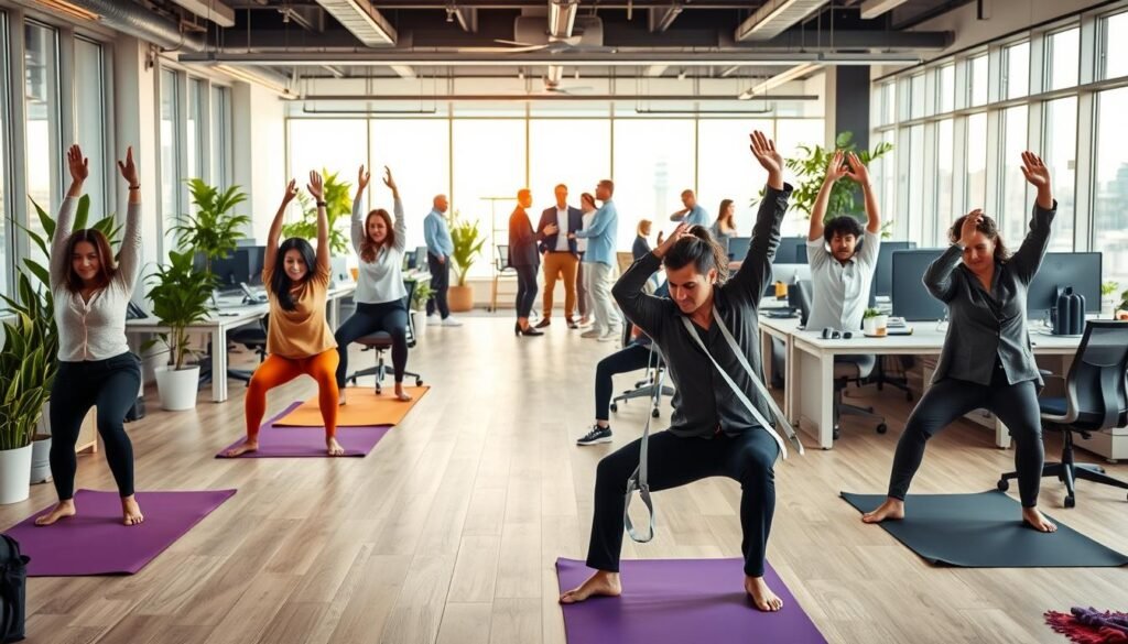 A modern office environment bustling with activity focused on physical exercise and stretching. In the foreground, a diverse group of professionals, dressed in smart casual attire, perform simple stretches and exercises using yoga mats, resistance bands, and desk chairs. The middle of the image features a bright, open workspace filled with plants and ergonomic furniture. Natural light filters through large windows, casting a warm glow over the scene. In the background, coworkers engage in group discussions, incorporating light physical movements. The atmosphere is vibrant, promoting teamwork and health-consciousness amidst a busy workday. The composition should suggest a balance between productivity and wellness, emphasizing a supportive workplace culture.