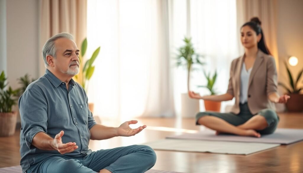 A serene and inviting meditation space, featuring a diverse group of three individuals engaging in loving-kindness meditation and progressive muscle relaxation techniques. In the foreground, a middle-aged man in modest casual clothing sits cross-legged with a peaceful expression, exhaling gently. To the side, a young woman in business casual attire practices relaxation techniques, her hands on her legs, radiating calm. In the background, a softly lit, tranquil room adorned with potted plants and natural light filtering through sheer curtains creates a soothing atmosphere. The scene conveys a sense of harmony and focus, with warm, soft lighting enhancing the peaceful mood of mindful meditation, inviting viewers to join in on the practice. A serene and inviting meditation space, featuring a diverse group of three individuals engaging in loving-kindness meditation and progressive muscle relaxation techniques. In the foreground, a middle-aged man in modest casual clothing sits cross-legged with a peaceful expression, exhaling gently. To the side, a young woman in business casual attire practices relaxation techniques, her hands on her legs, radiating calm. In the background, a softly lit, tranquil room adorned with potted plants and natural light filtering through sheer curtains creates a soothing atmosphere. The scene conveys a sense of harmony and focus, with warm, soft lighting enhancing the peaceful mood of mindful meditation, inviting viewers to join in on the practice.