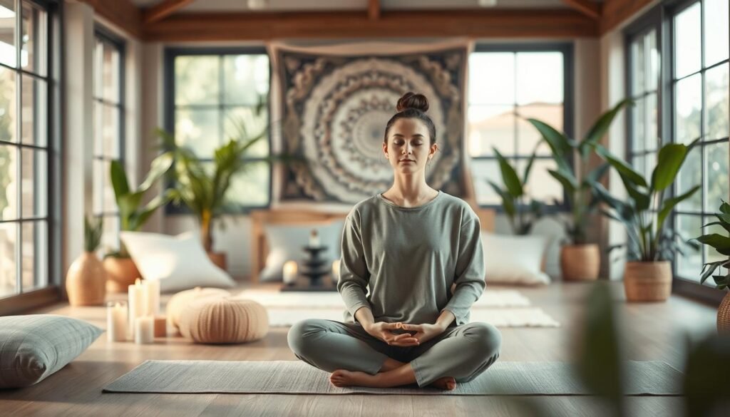 A serene indoor space designed for relaxation and mindfulness, featuring a comfortable meditation area with soft cushions and plants. In the foreground, a person in modest, casual clothing is seated cross-legged, eyes closed, practicing meditation with a calm expression. The middle ground showcases elements like candles, a small indoor fountain, and a harmonizing tapestry on the wall, enhancing the sense of tranquility. The background has large windows allowing soft, natural light to filter in, creating a warm, inviting atmosphere. The overall mood is peaceful and reflective, encouraging mental wellness amidst the chaos of the digital era. A shallow depth of field adds focus to the meditator while softly blurring the background elements.