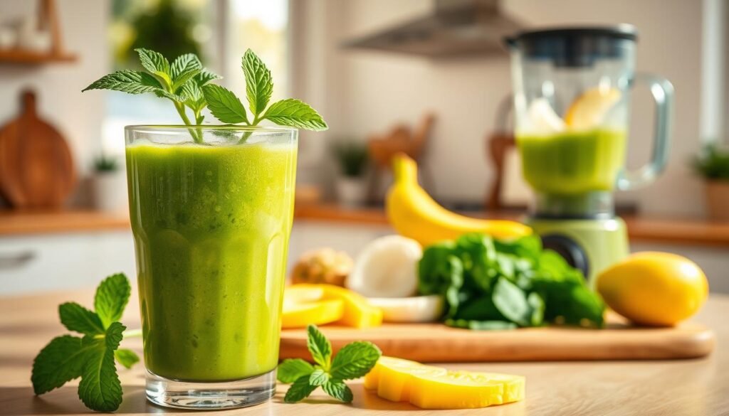 A vibrant, healthy smoothie recipe showcased in a bright, well-lit kitchen setting. In the foreground, a glass filled with a bright green smoothie, garnished with fresh mint leaves and slices of tropical fruits like mango and pineapple. In the middle, a wooden cutting board displays the ingredients: spinach, banana, and coconut water, along with a blender in the background ready for use. The kitchen has warm, natural lighting streaming through a window, creating an inviting and refreshing atmosphere. The color palette includes greens, yellows, and light browns, emphasizing health and energy. The overall mood is lively and invigorating, perfect for a midday energy boost. A vibrant, healthy smoothie recipe showcased in a bright, well-lit kitchen setting. In the foreground, a glass filled with a bright green smoothie, garnished with fresh mint leaves and slices of tropical fruits like mango and pineapple. In the middle, a wooden cutting board displays the ingredients: spinach, banana, and coconut water, along with a blender in the background ready for use. The kitchen has warm, natural lighting streaming through a window, creating an inviting and refreshing atmosphere. The color palette includes greens, yellows, and light browns, emphasizing health and energy. The overall mood is lively and invigorating, perfect for a midday energy boost.