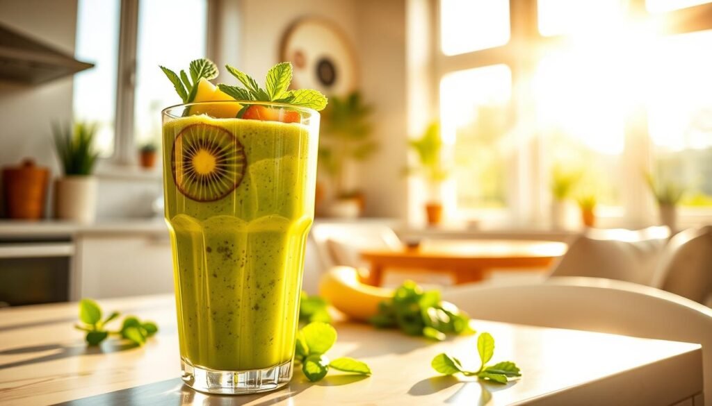 A vibrant scene depicting a refreshing healthy smoothie, rich in fresh fruits and greens, being enjoyed in a bright, sunlit kitchen. In the foreground, a stylish glass filled with the smoothie, adorned with slices of kiwi and mint leaves, catches the light, emphasizing its glossy texture. A comfortable dining table is seen in the middle ground, with a few fresh fruits like bananas and spinach scattered around, creating a casual yet inviting atmosphere. In the background, tall windows let in golden rays of sunlight, casting soft shadows and enhancing the mood of vitality. The overall ambiance conveys a sense of energy and freshness, perfect for a midday pick-me-up, capturing the essence of the best time to consume a revitalizing smoothie. A vibrant scene depicting a refreshing healthy smoothie, rich in fresh fruits and greens, being enjoyed in a bright, sunlit kitchen. In the foreground, a stylish glass filled with the smoothie, adorned with slices of kiwi and mint leaves, catches the light, emphasizing its glossy texture. A comfortable dining table is seen in the middle ground, with a few fresh fruits like bananas and spinach scattered around, creating a casual yet inviting atmosphere. In the background, tall windows let in golden rays of sunlight, casting soft shadows and enhancing the mood of vitality. The overall ambiance conveys a sense of energy and freshness, perfect for a midday pick-me-up, capturing the essence of the best time to consume a revitalizing smoothie.