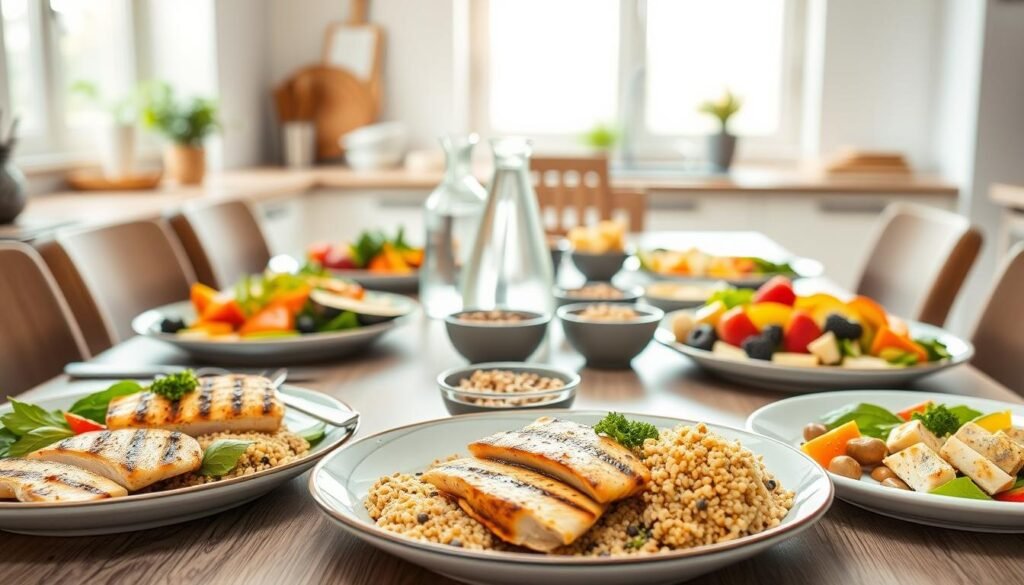 A well-arranged table set for a nutritious meal during a fasting window, showcasing a variety of healthy foods for athletes and fitness enthusiasts. The foreground features colorful plates filled with grilled chicken breast, quinoa, vibrant vegetables, and fruits, presented artfully. In the middle, a stylishly set table includes a sleek water carafe and aesthetically pleasing small bowls of nuts and seeds. The background showcases a soft-focus, bright kitchen environment with natural light streaming in through a window, creating a warm and inviting atmosphere. The angle is slightly elevated, capturing a clear view of the meal while emphasizing the harmony and balance in nutrition. The overall mood is positive and motivating, reflecting a healthy lifestyle.